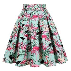 Amazon Women's Flamingo Print Midi Skirt - Pink and Green